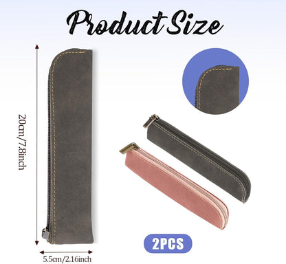 Psyqtsuary Leather Pencil Case, 2 Pcs Slim Small Pencil Pouch Portable Flat Pen Pouch with Zipper Simple Makeup Bag Lipstick Case for Women Men Home, Office, Travel Outdoor (Black, Claret)