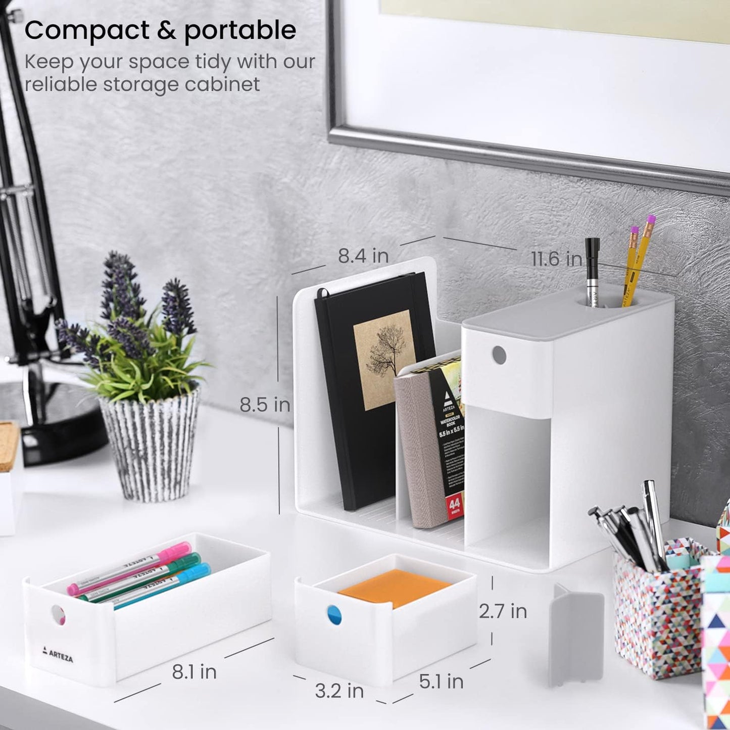 ARTEZA Desktop Pen and Marker Organizer, 6-Compartment White Pen Holder for Desk with Stationery Drawer, Makeup Organizer