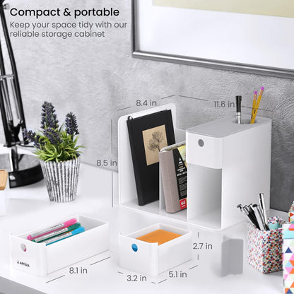 ARTEZA Desktop Pen and Marker Organizer, 6-Compartment White Pen Holder for Desk with Stationery Drawer, Makeup Organizer
