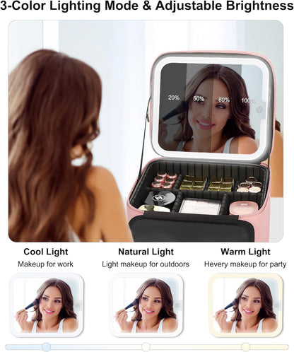 Relavel Travel Makeup Bag With LED Mirror, Cosmetic Train Case with Light up Mirror, Portable Makeup Artist Organizer Bag with Adjustable Dividers, Makeup Brush Holder Storage, Black