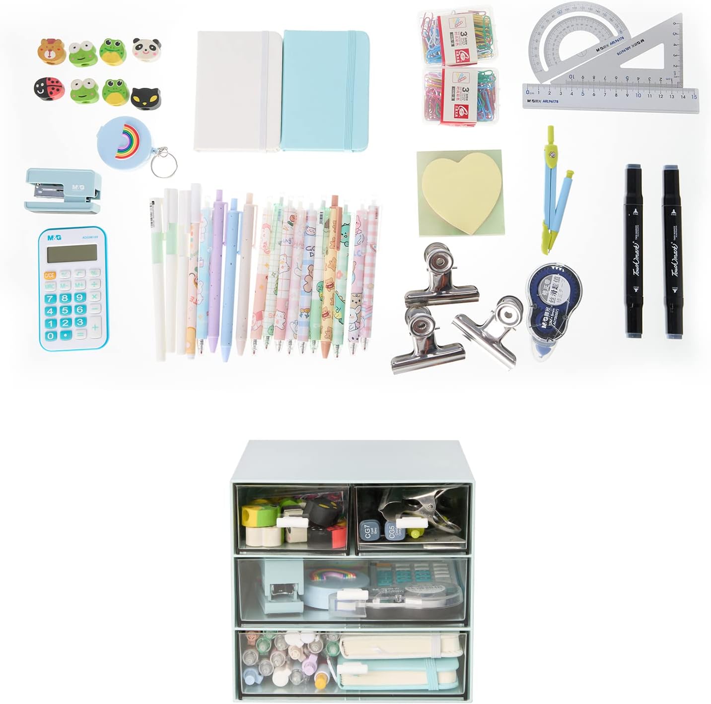 Desk Organizer with 4 Drawers, Clear Plastic Desk Storage Box, Desktop Organization for Office Supplies, Gel Pens, Pencils, Markers, Tape, Erasers, Paperclips, Chargers (White-4 Draws)