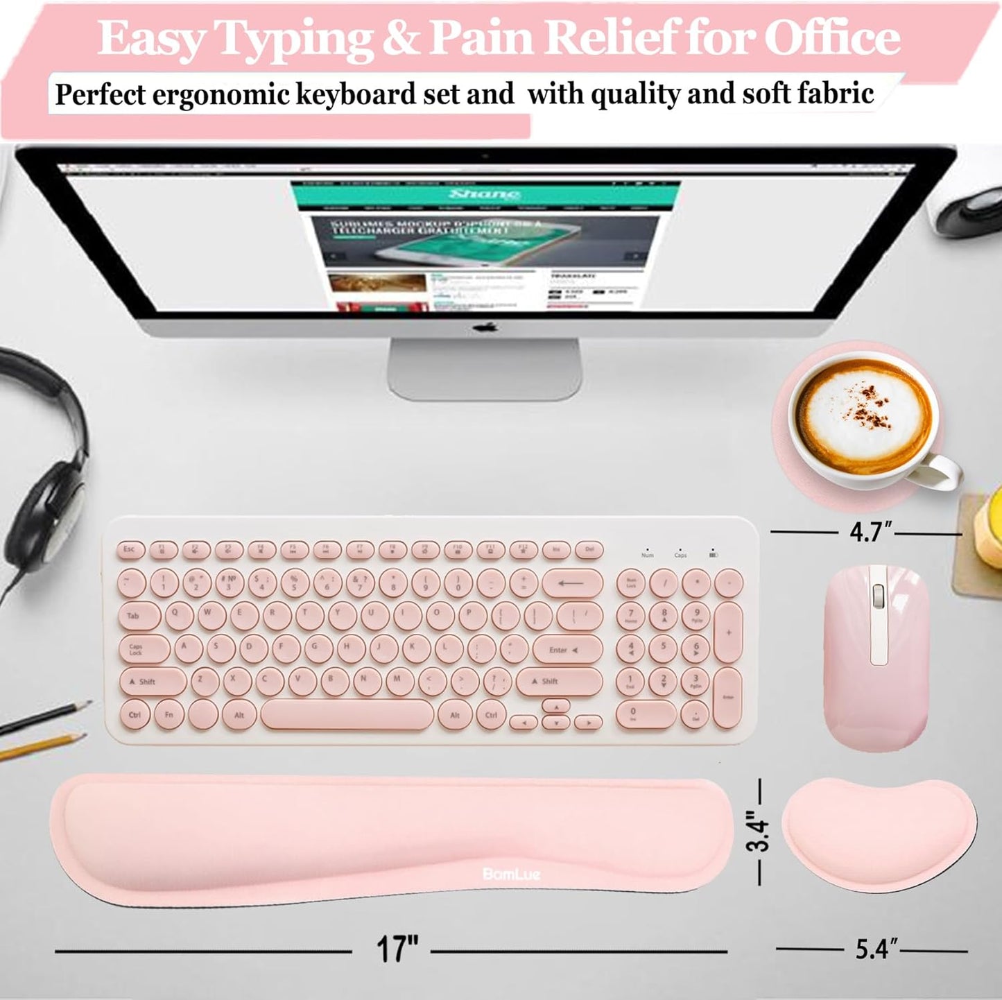 Keyboard Wrist Rest, BamLue Memory Foam Pad Set for Easy Typing & Pain Relief for Laptop, Office & Home, Ergonomic Sets for Keyboard, Gel Mouse Wrist Rest, Smooth Fiber Cushion Wrist Support-Black