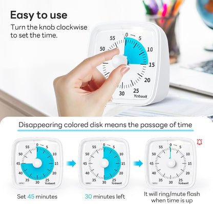 Yunbaoit Visual Timer with Night Light, 60-Minute Countdown Timer for Kids and Adults, Silent Classroom Timer, Time Management Tool for Home, School, or Work (Light Blue)
