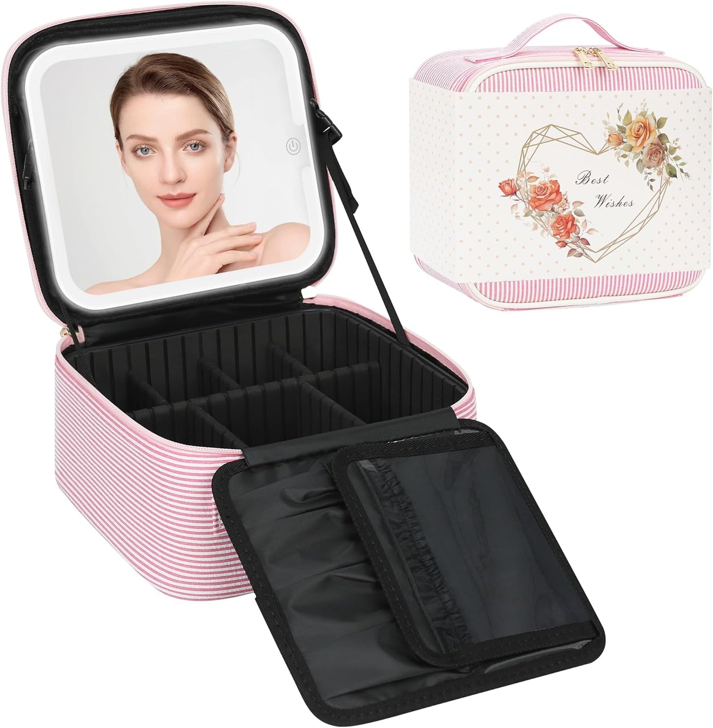 Relavel Travel Makeup Bag With LED Mirror, Cosmetic Train Case with Light up Mirror, Portable Makeup Artist Organizer Bag with Adjustable Dividers, Makeup Brush Holder Storage, Black