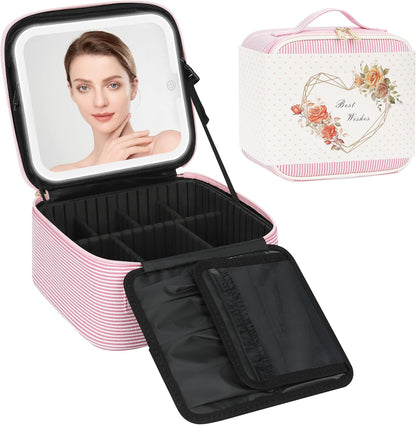 Relavel Travel Makeup Bag With LED Mirror, Cosmetic Train Case with Light up Mirror, Portable Makeup Artist Organizer Bag with Adjustable Dividers, Makeup Brush Holder Storage, Black