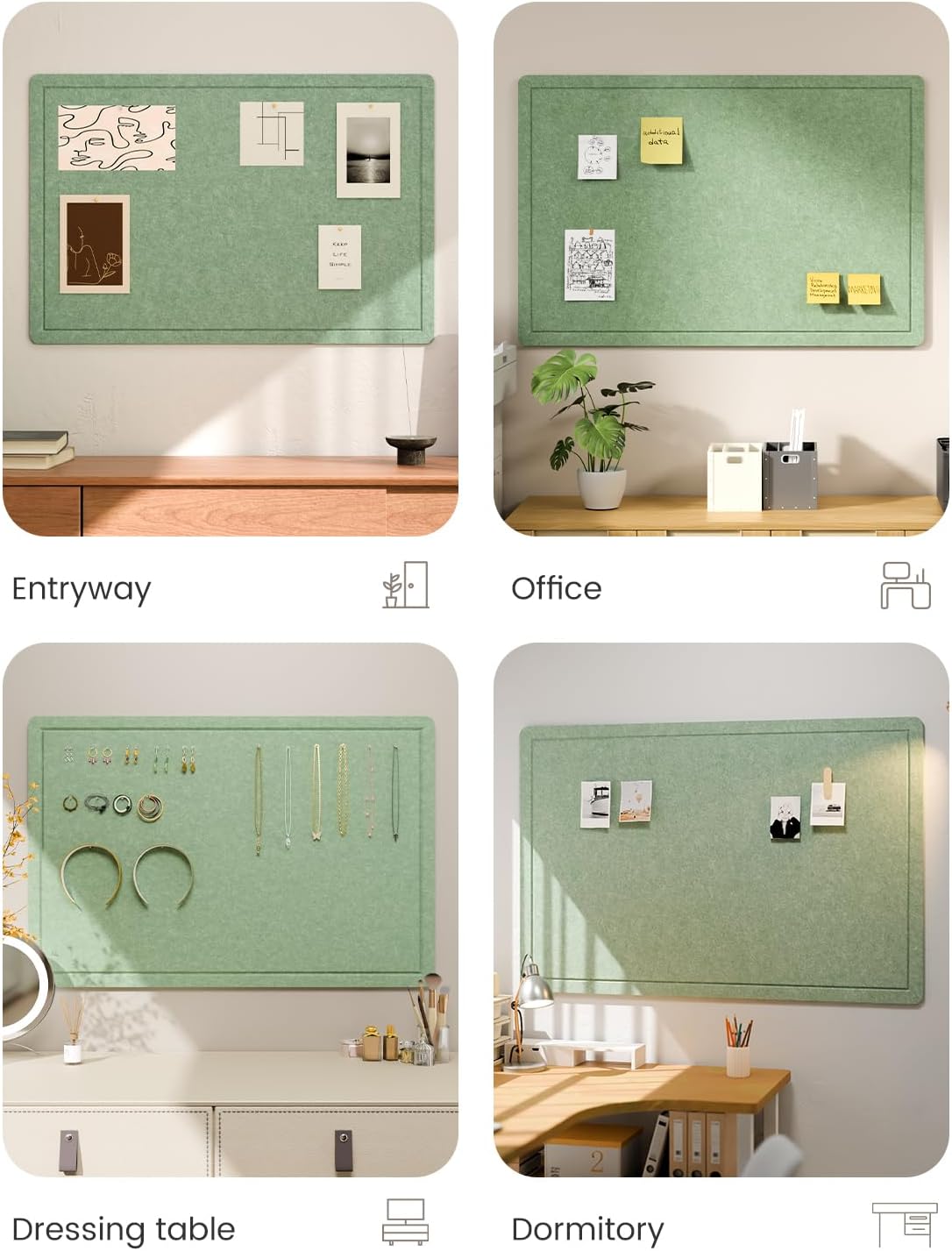 Fluxynara Bulletin Board, 23.6" x 17.5" Cork Board Alternative with 12 Safe Removable Adhesive Tabs, Foldable Felt Pin Board for Home Office, Classroom, Bedroom,Entryway for Walls—Sage