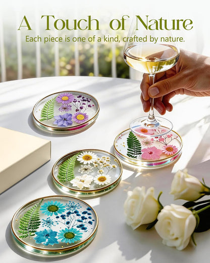 Oqplog Resin Drink Coaster for Desk Coffee Table-White Cute Dried Flowers Cup Coaster for Work Office Home Outdoor Decor Gifts for Girls Women,1 Pcs