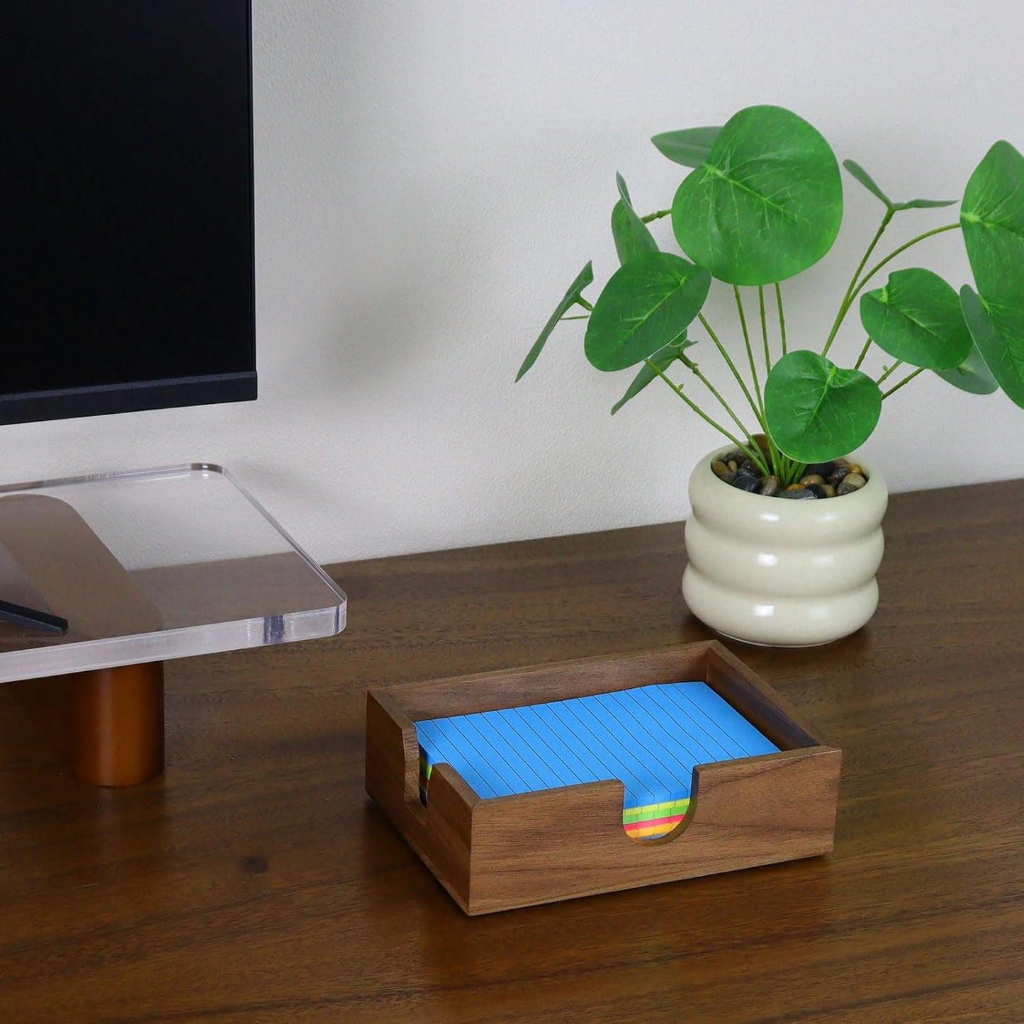 MultiBey Walnut Wood Sticky Notes Holder for Desk, 4x6 Inch Self -Sticky Note Memo Holder, Wooden Sticky Note Dispenser Office Desk Organizer for Dorm Room Office Home School (S)