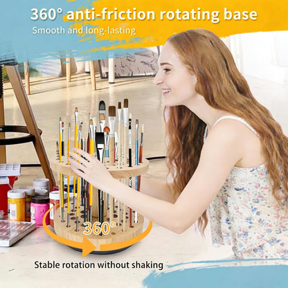 360 Degree Friction-Free Rotating Paint Brush Holder, 52 Multi-Size Hole Natural Hardwood Storage Stand, Space-Saving Desktop Organizer for Artist, Watercolor, Makeup Brushes and Craft Tools (brown)