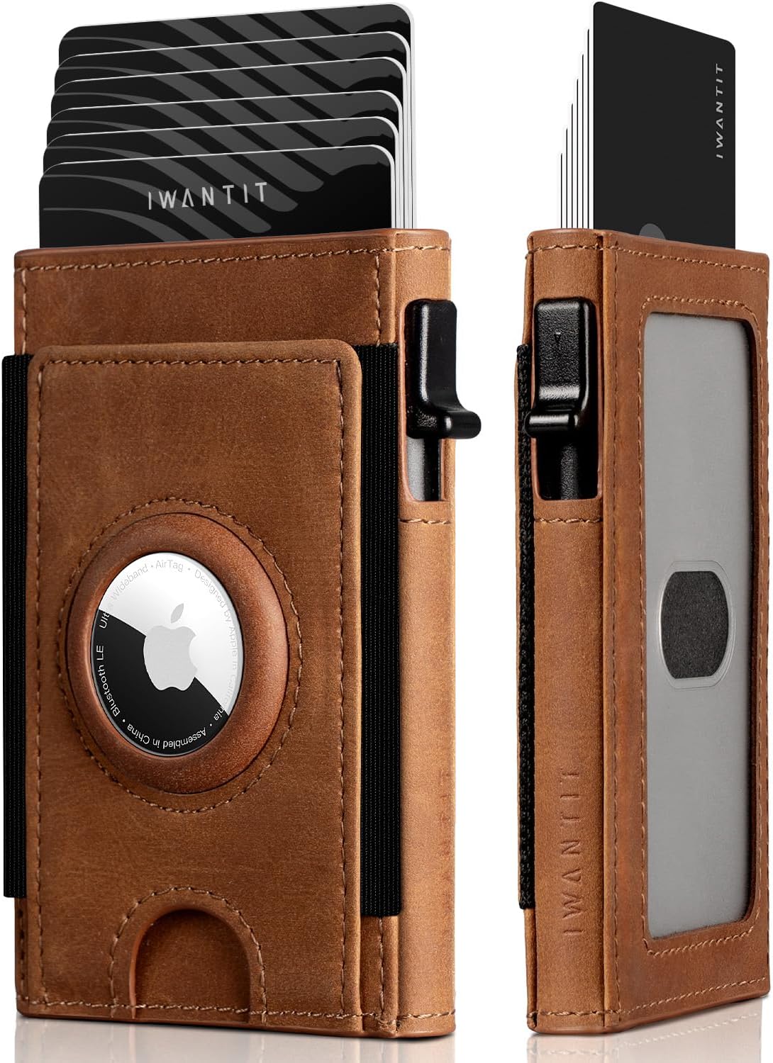 iwantit Slim Airtag Wallet for Men: Compatible with Apple Air tag (1st & 2nd Generation), Front Pocket Smart Pop Up Credit Card Holder with AirTag Holder ID Window, RFID Blocking(Brown)