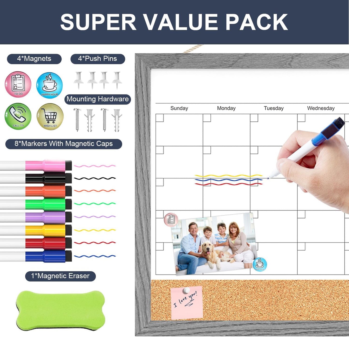 Calendar Whiteboard for Wall, TANKEE 17x13 Inches Whiteboard Calendar Cork Board Combo, Small Magnetic White Board with Wood Framed, Hanging Dry Erase Board for Kitchen Home Office School Planner