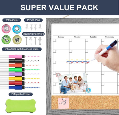 Calendar Whiteboard for Wall, TANKEE 17x13 Inches Whiteboard Calendar Cork Board Combo, Small Magnetic White Board with Wood Framed, Hanging Dry Erase Board for Kitchen Home Office School Planner