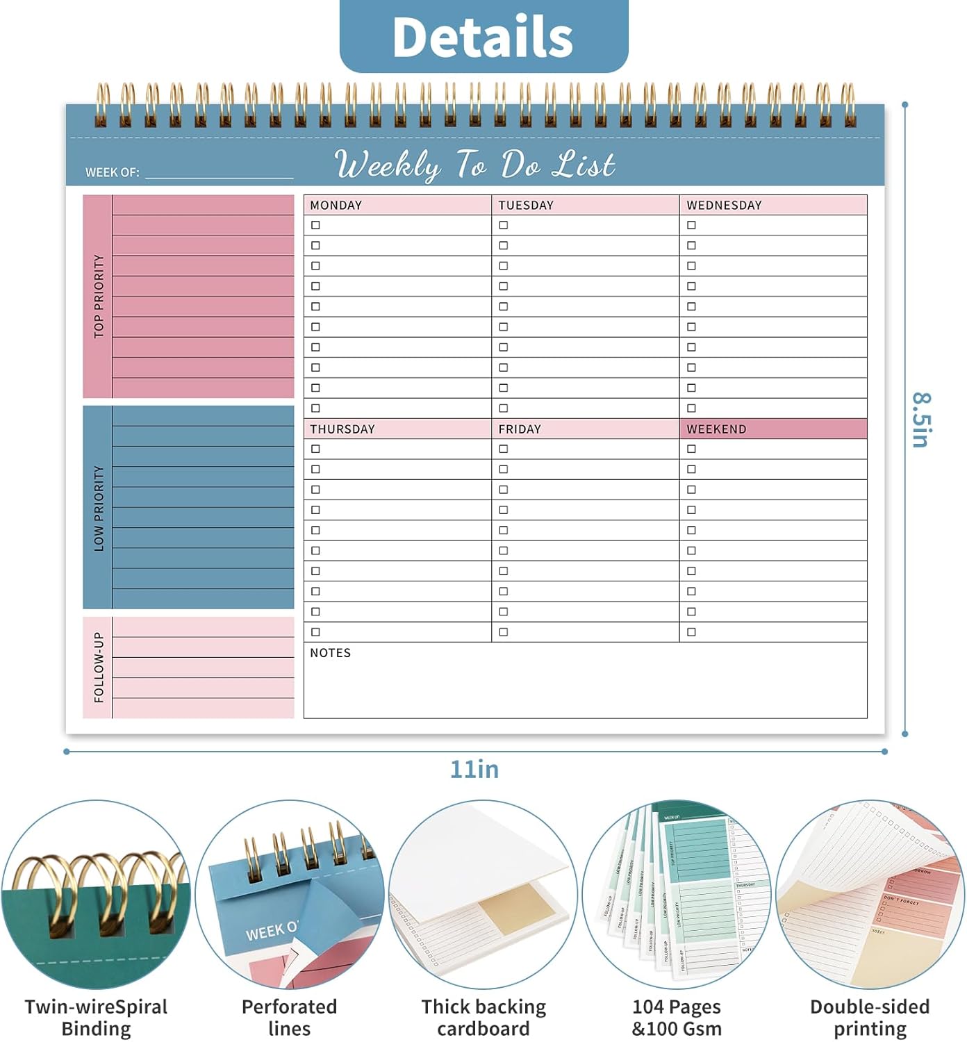104 Pgs Weekly To Do List Notepad, 52 Duplex-Printed Undated Sheets 100 GSM（8.5"×11") Weekly Desk Planner For Work Home School Office Desk Accessories Supplies & Goal Setting Tasks - Green