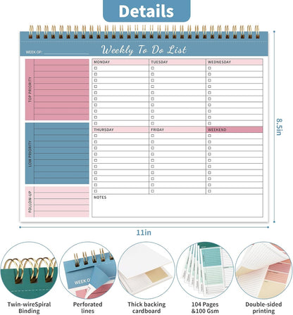 104 Pgs Weekly To Do List Notepad, 52 Duplex-Printed Undated Sheets 100 GSM（8.5"×11") Weekly Desk Planner For Work Home School Office Desk Accessories Supplies & Goal Setting Tasks - Green