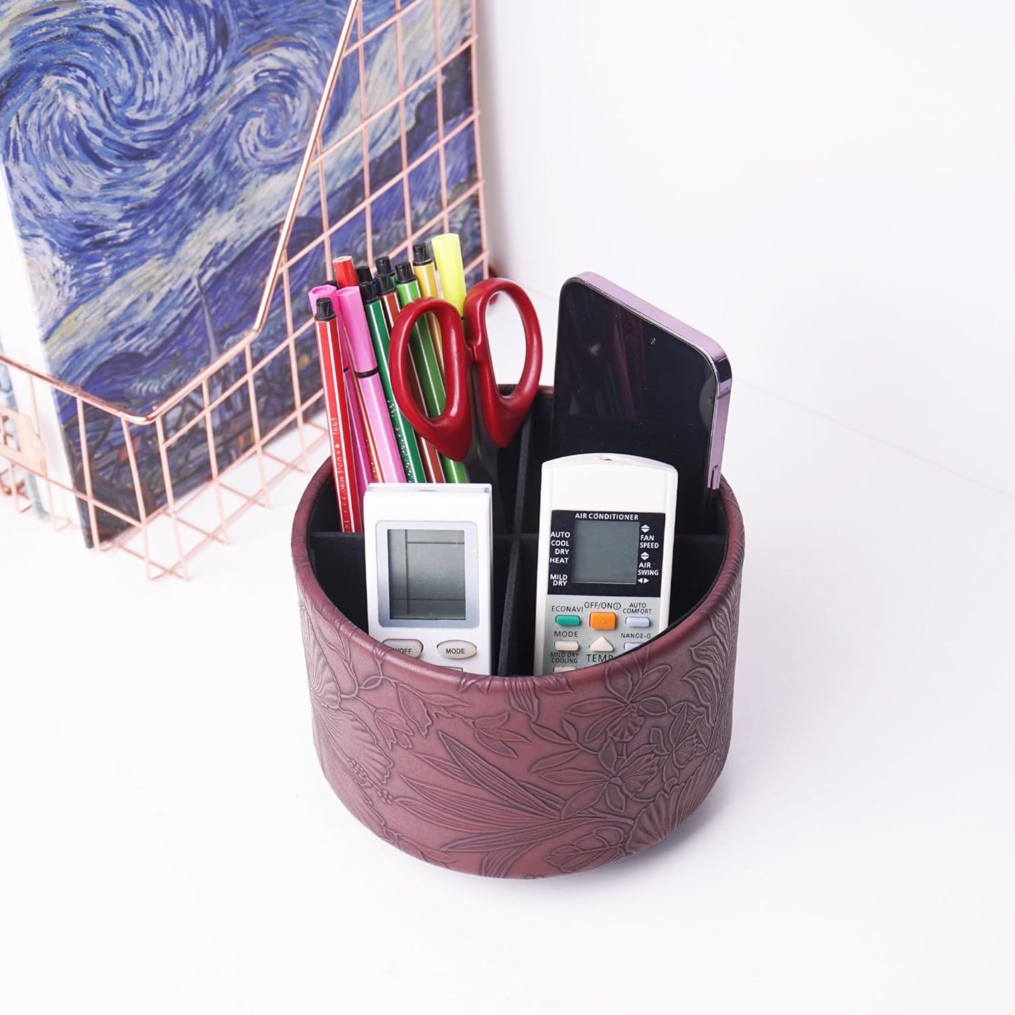 Round Leather Art Supply Organizer,Remote Control Holder,360 Degree Rotating,Multi-Functional Pencil Holder,4 Compartments Desktop Stationary Organizer(1-Fractal Flower) | Round - Colors B