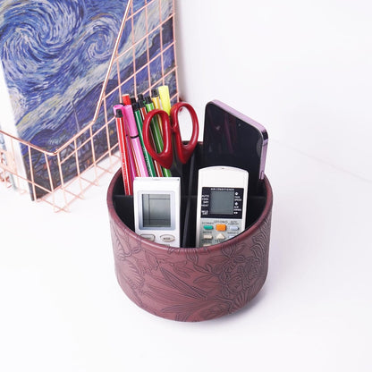 Round Leather Art Supply Organizer,Remote Control Holder,360 Degree Rotating,Multi-Functional Pencil Holder,4 Compartments Desktop Stationary Organizer(1-Fractal Flower) | Round - Colors B