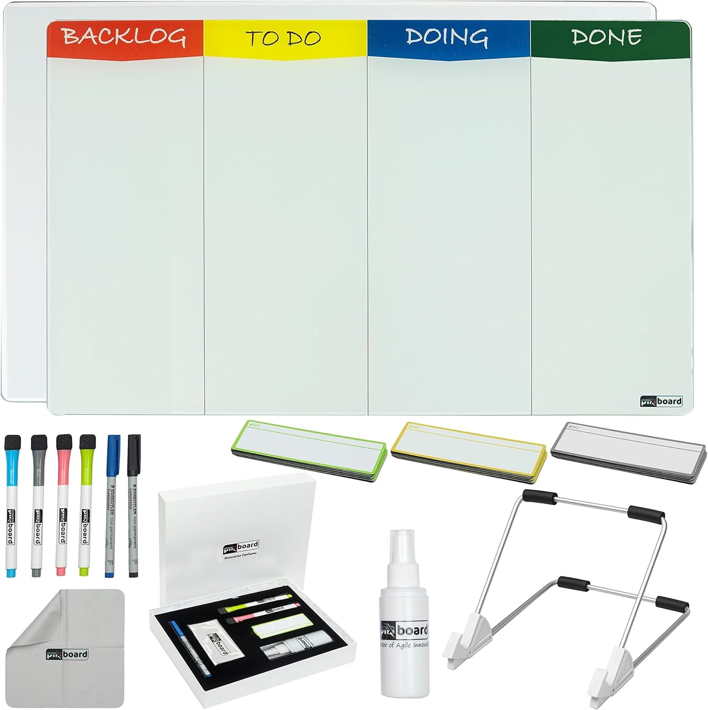 Desktop Kanban Board & Whiteboard (Double-Sided) 18” x 11” Glass Dry Erase Board with Stand, 24 Reusable Task Cards, 6 Markers – Scrum Agile Project Management Desk Planner