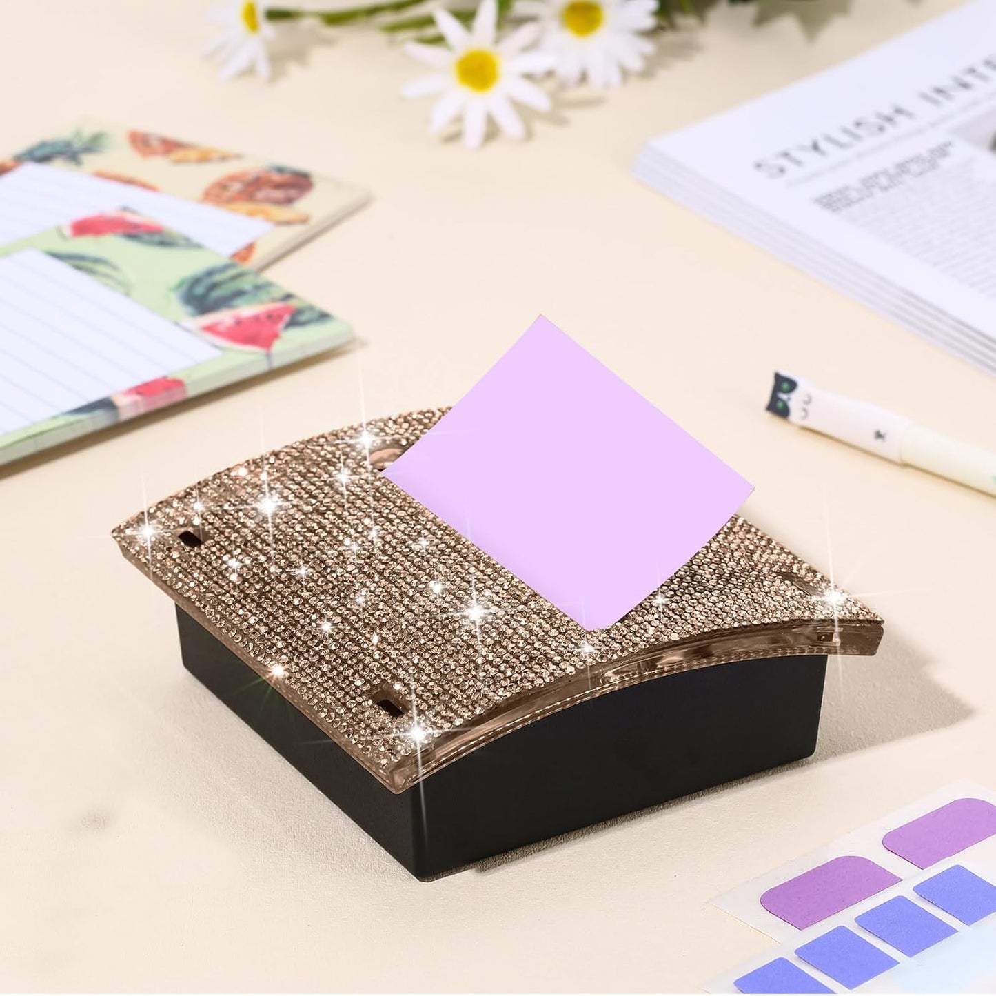 Eersida Rhinestone Self Stick Note Pad Holders 4 x 4 Inches Pink Cute Note Holder Sticky Dispenser Bling Memo Stick Dispenser for Office Employee Coworkers Gifts Home Desk Supplies