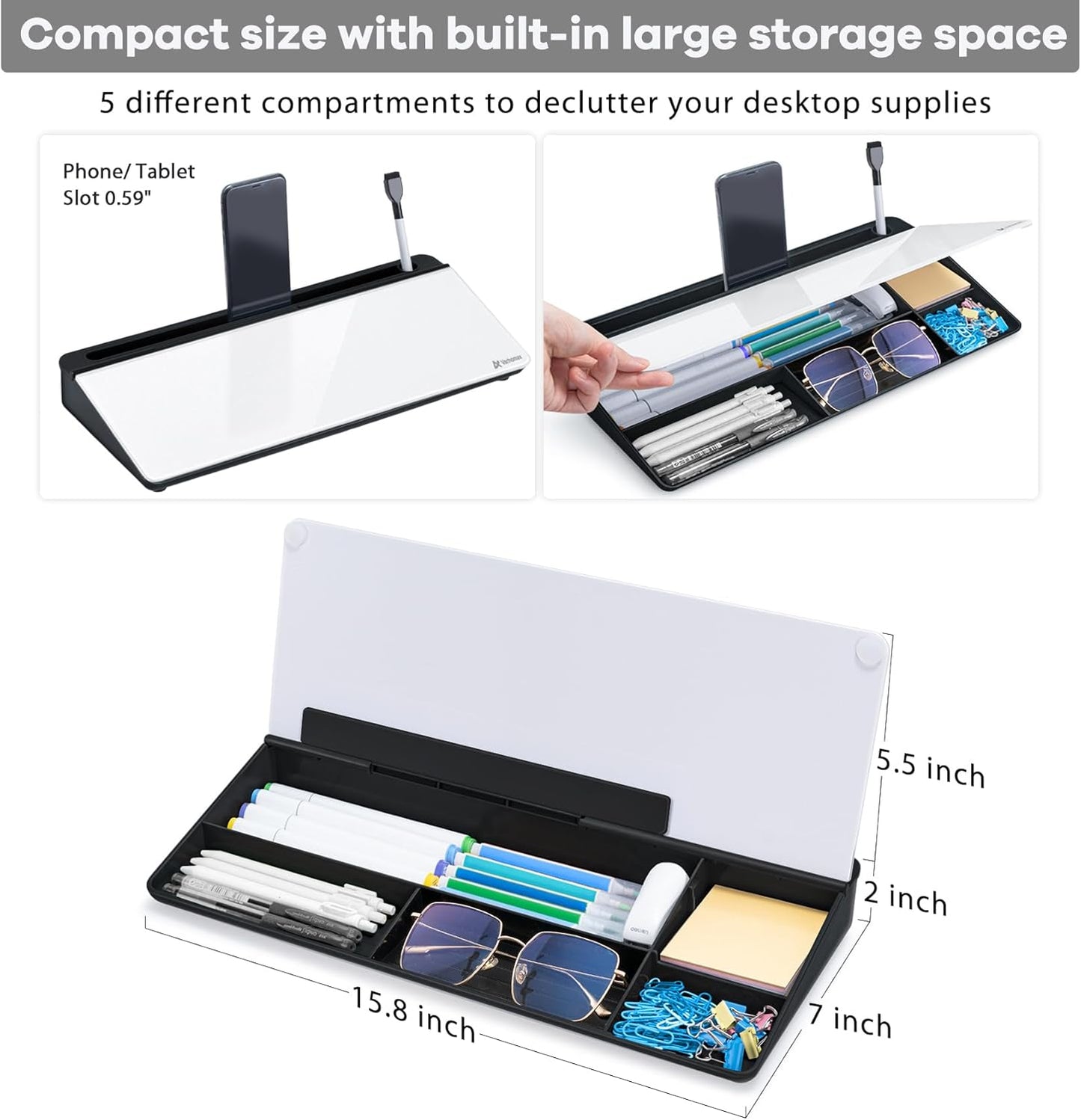 Varhomax Glass Weekly Planner Desk White Board, Desktop Calendar Whiteboard with Storage, to Do List Memo Caddy for Home Office and School Supplies, Black
