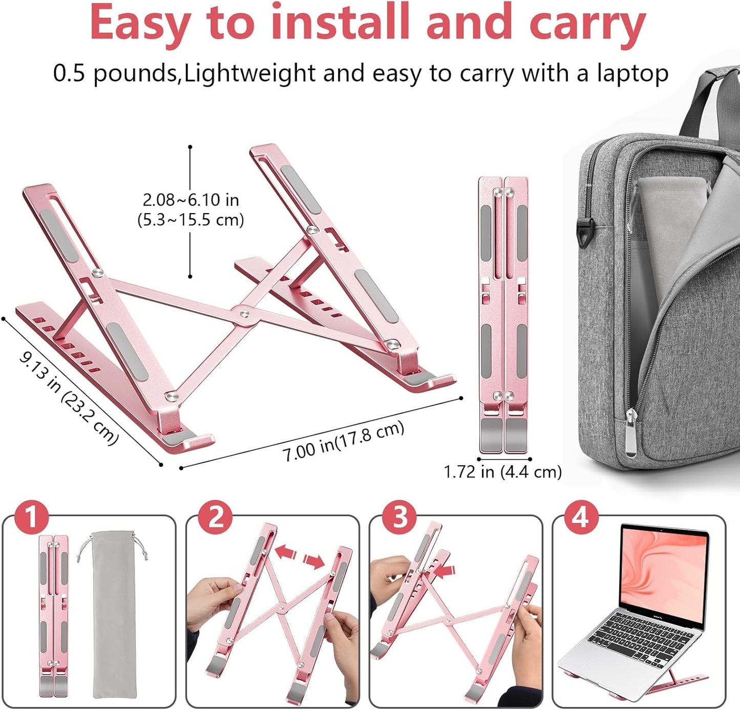 Laptop Stand for Desk, Aluminum Metal MacBook Stand，Computer Riser for Desk, Portable Foldable Adjustable Notebook Holder, Compatible with 10-15.6 Inch Laptops, iPad, Silver.