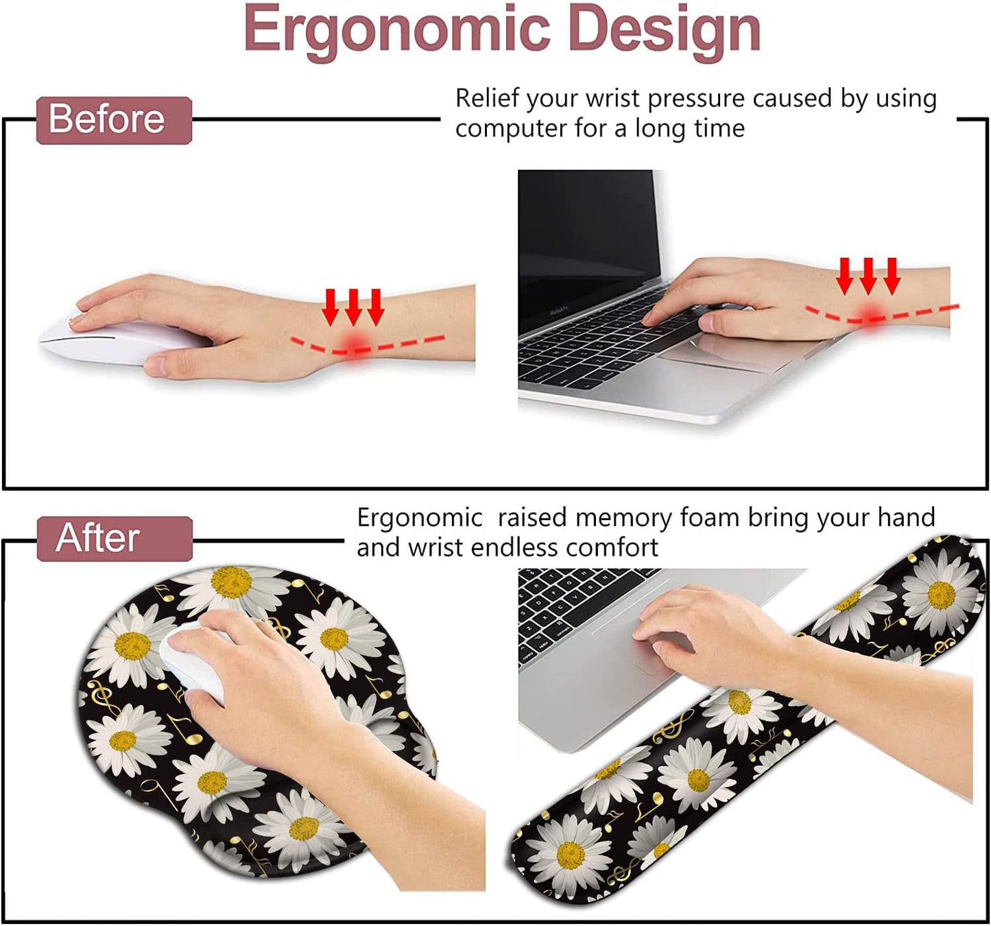 Mouse Pad with Wrist Support, Ergonomic Gel Mouse Pad Beautiful Flowers,Pink Hyacinths on Wood Panel，Non-Slip Durable, Memory Foam Keyboard Wrist Rest, Suitable for Office Typing Games