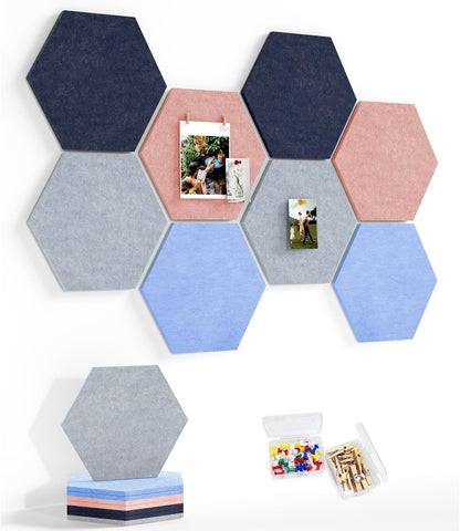 8 Pack Hexagon Felt Bulletin Board Tiles - 12" Large Thick Pin Board for Walls with 30 Push Pins, DIY Boards for Office Home School Decor, Aesthetic Hex Cork Board Alternative