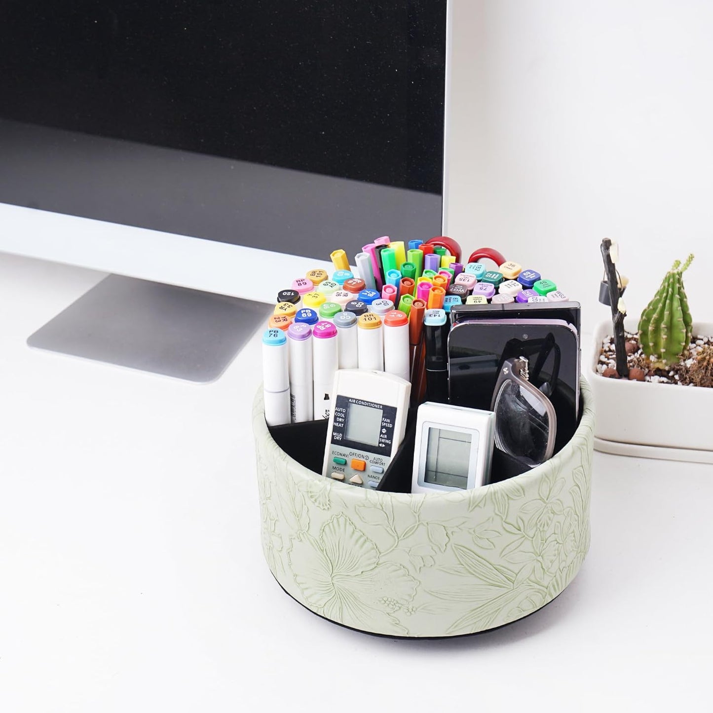 Round Leather Art Supply Organizer,Remote Control Holder,360 Degree Rotating,Multi-Functional Pencil Holder,4 Compartments Desktop Stationary Organizer(1-Fractal Flower) | Round - Colors A