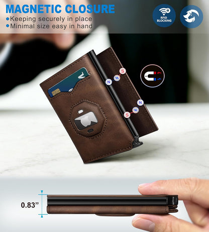 Airtag Wallet for Men,with Cash Pocket 2 ID Window 10+ Cards,Metal Case Smart Slim Pop Up Credit Card Holder Flip with Magnetic Closure RFID Blocking Trifold Leather wallet with Gift Box