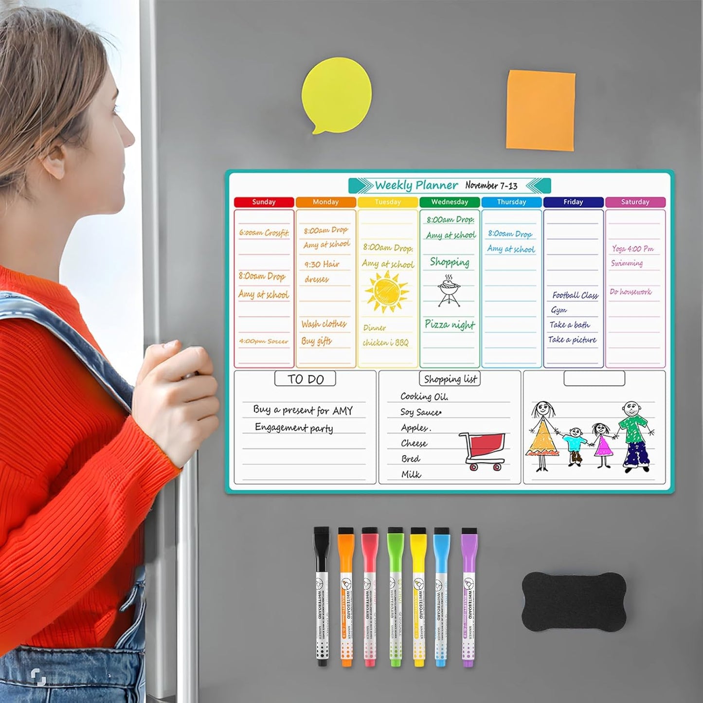 MaxGear Weekly Dry Erase Board for Fridge, 16"x12" Magnetic Calendar Whiteboard Planner for Refrigerator with Stain Resistant Technology, Include 7 Fine Point Markers and 1 Eraser