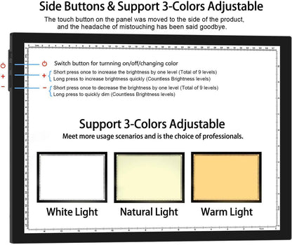 WELZK Light Board A3, 16.6×12.6inchs Light Pad, Side Button Design, 9 Levels/Stepless Dimming, Light Box Widely for Diamond Painting, Tracing, Weeding Vinyl etc.