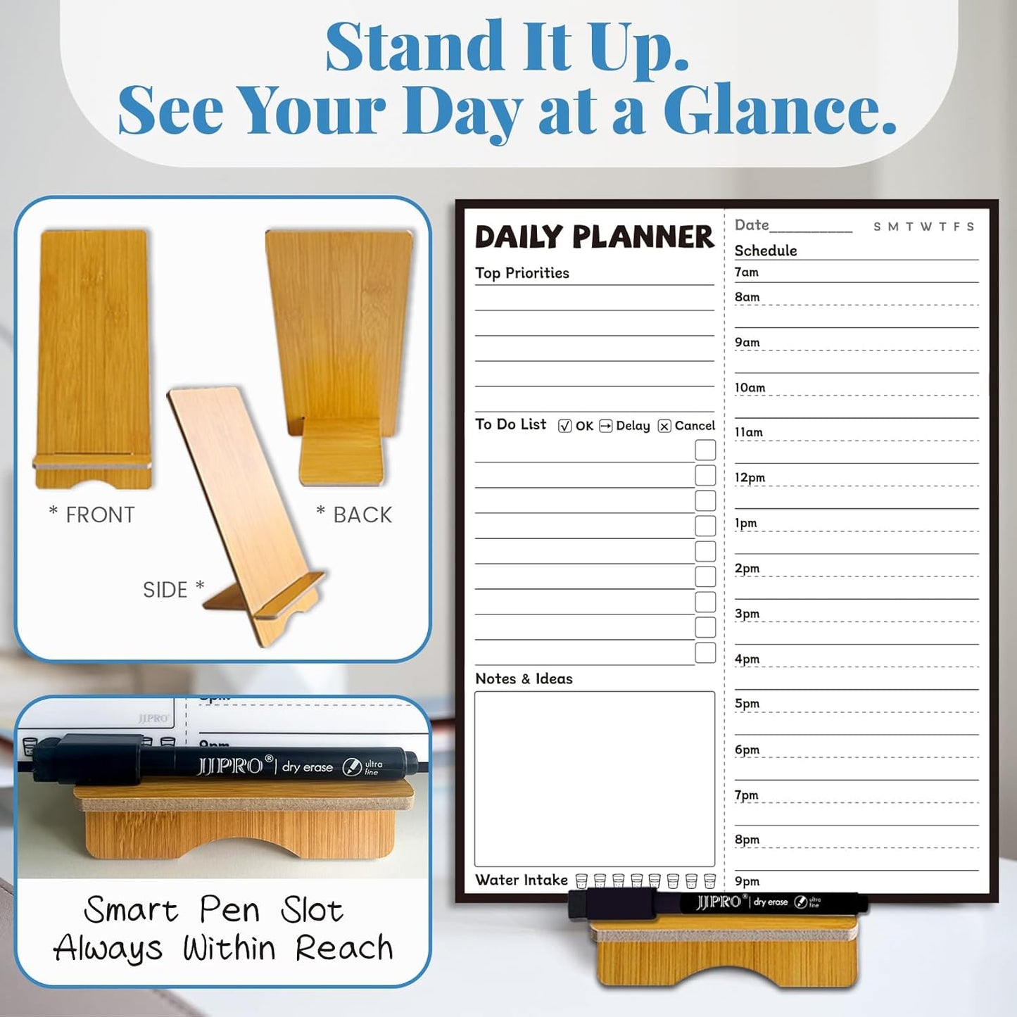 JJPRO Reusable Desktop Daily Planner with Stand,Reusable Time Schedule Board,11"x8.5" Hourly Schedule Dry Erase Board with Time Slots,Desk Hourly Dry Erase Board with Engineered Wood Stand for Office
