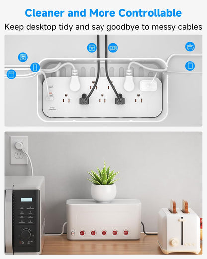 Power Strip with Cable Management Box,Surge Protector 10 AC and 3 USB Ports,6 ft Flat Plug Extension Cord,Outlet Hider Fast Charging Station,Desk Cord Organizer Box and Cover,Hidden Long Wire,Black