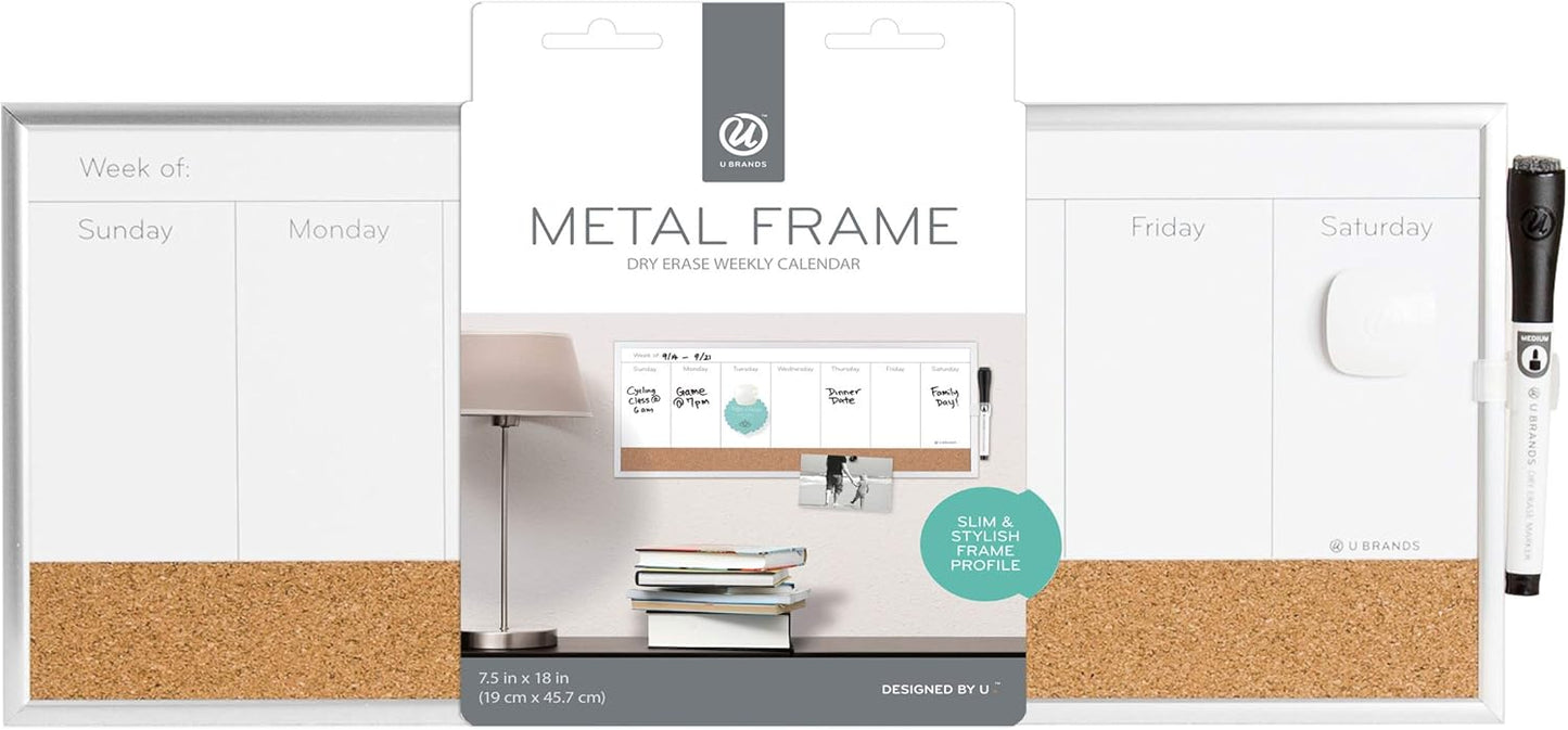 U Brands Dry Erase Weekly Combo Board, 7" x 16" Inches, Office Supplies, Silver Aluminum Frame, Pack of 1 (4585U03)