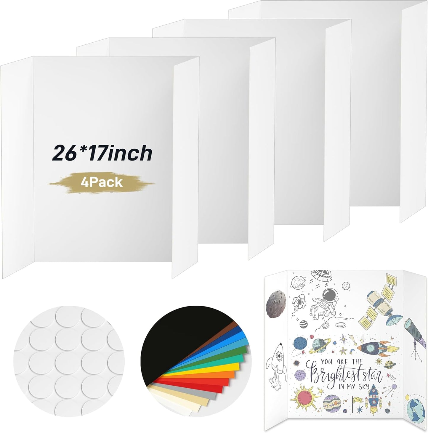 PSHVYM 4 Pcs Trifold Poster Board, 26 x 17 inches Poster Board with Double Sided Tapes and Cardboard, Corrugated Presentation/Display Board for School Project, Science Fair, Business