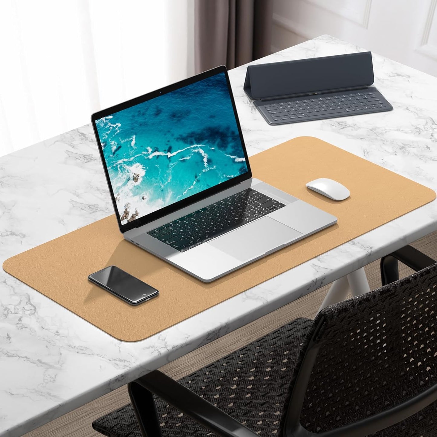 Hsurbtra Desk Pad, 23.6" x 13.8" PU Leather Desk Mat, M Extended Mouse Pad, Waterproof Desktop Blotter Protector, Non-Slip Ultra Thin Small Laptop Keyboard Writing Mat for Office Home, Pink