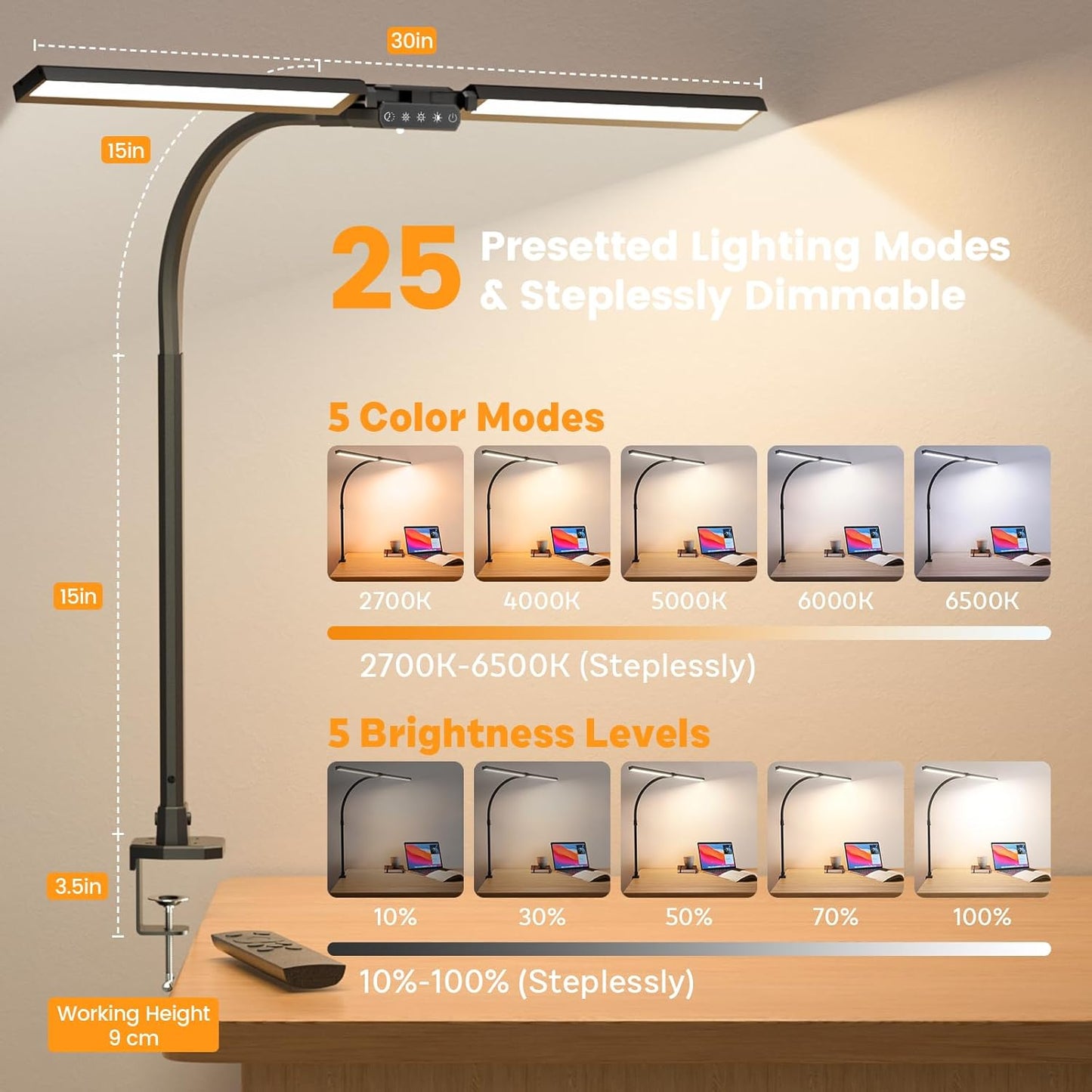 SIBRILLE LED Desk Lamp for Home Office - Dimmable Computer Desk Light with Clamp, Modern Architect Task Lamp with Color Changing, Flexible Desktop Lamp with Gooseneck for Monitor, Double Head, White