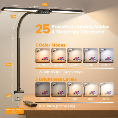 SIBRILLE LED Desk Lamp for Home Office - Dimmable Computer Desk Light with Clamp, Modern Architect Task Lamp with Color Changing, Flexible Desktop Lamp with Gooseneck for Monitor, Double Head, White