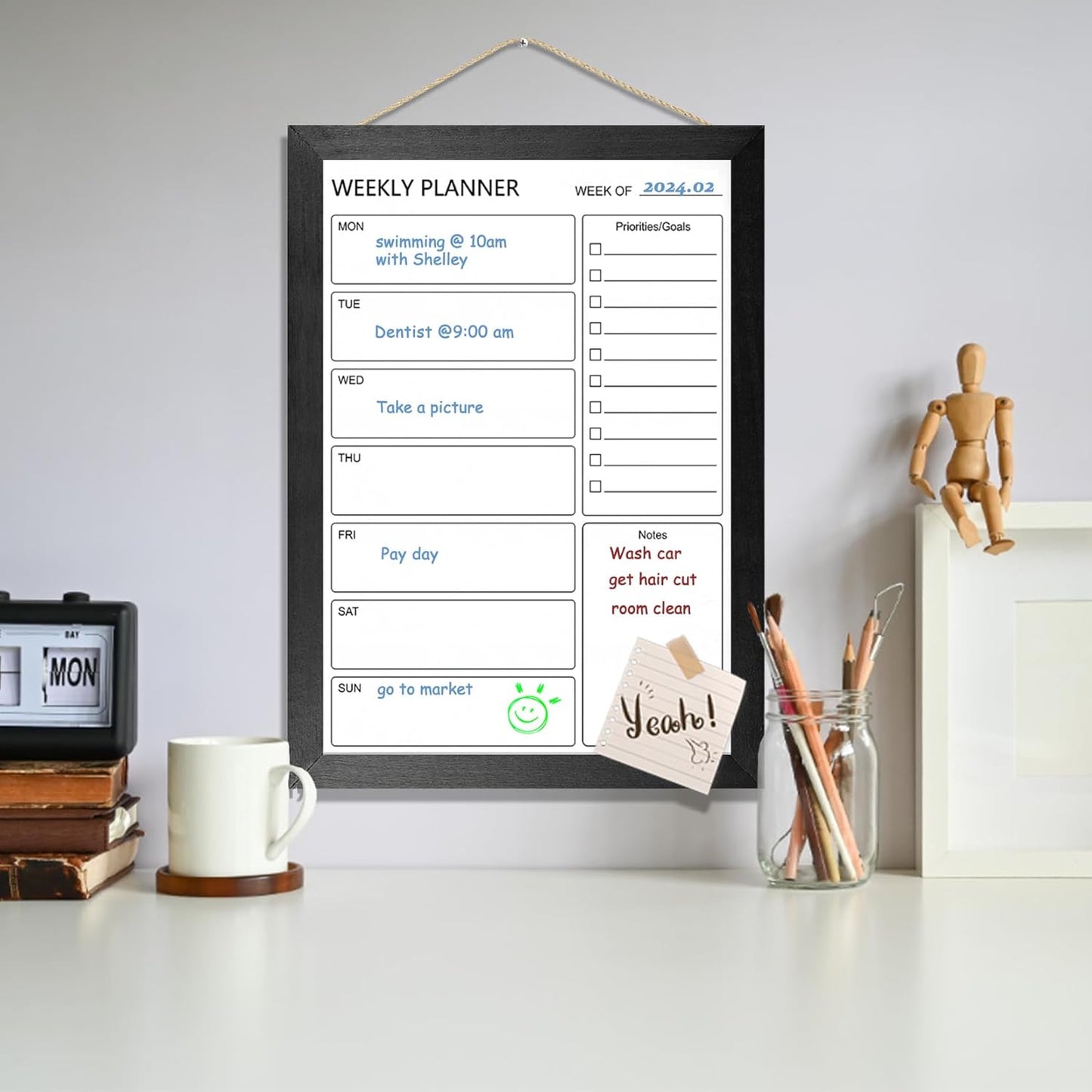 Dry Erase White Board Weekly Calendar Board, Magnetic Whiteboard for Wall,13“x17 Solid Wood Rustic Brown Framed Message Board, Planner Board for Office, Home, School(Weekly-BB-RB-3343)