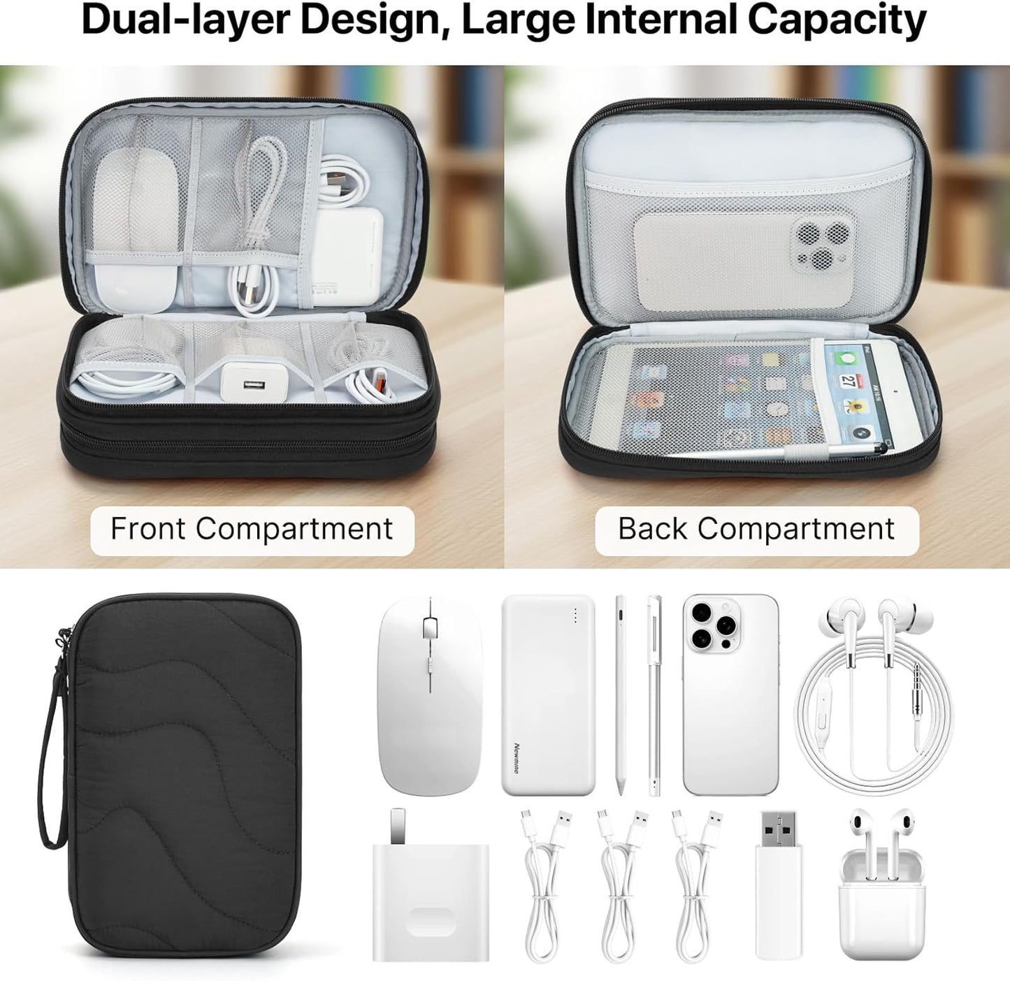 Skycase Tech Pouch - Lightweight Electronics Organizer Travel Case - Double Layers Cable Organizer - All-in-One Storage Bag for Charger, Cord, Phone, Flash Drive, Essentials - XL