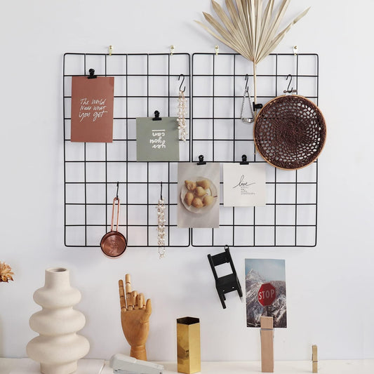 Wall Grid Panel for Photo Display,Wall Storage Organizer,5 Metal Clips & 3 S Hooks & 4 Nails & 4 Plastic Hanging Buckles and 4 Screws Offered,Size 17.5" x 11.8",2 Pack(Gold)