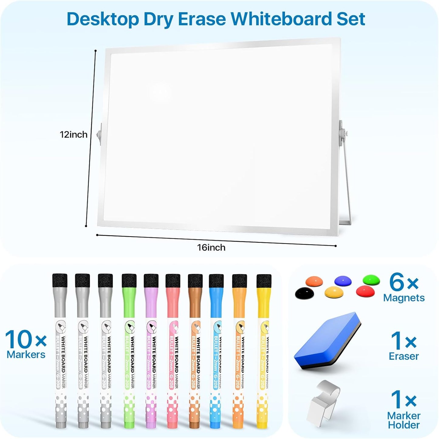 Marsrock Dry Erase White Board with Stand,Double-Sided Weekly Whiteboard 16"x12", 10 Markers, 6 Magnets, 1 Eraser, Portable Desktop Whiteboard for Planning,Weekly Schedule Board for School for Home