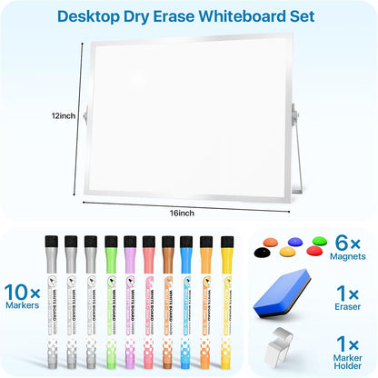 Marsrock Dry Erase White Board with Stand,Double-Sided Weekly Whiteboard 16"x12", 10 Markers, 6 Magnets, 1 Eraser, Portable Desktop Whiteboard for Planning,Weekly Schedule Board for School for Home