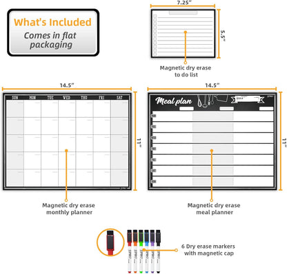 JJPRO Magnetic Dry Erase Meal Planning Whiteboard for Refrigerator-Magnetic Weekly Planner for Fridge-One Bonus Notepad whiteboard-Refrigerator Organizer with Weekly Planning Boards