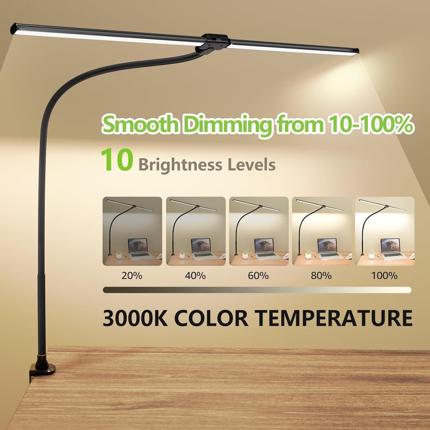 ShineTech LED Desk Lamp for Home Office, Ultra Bright Clamp Light with Flexible Gooseneck, 25 Lighting Modes, Eye-Caring Architect Lamp for Dual Monitors, Reading & Gaming Setup