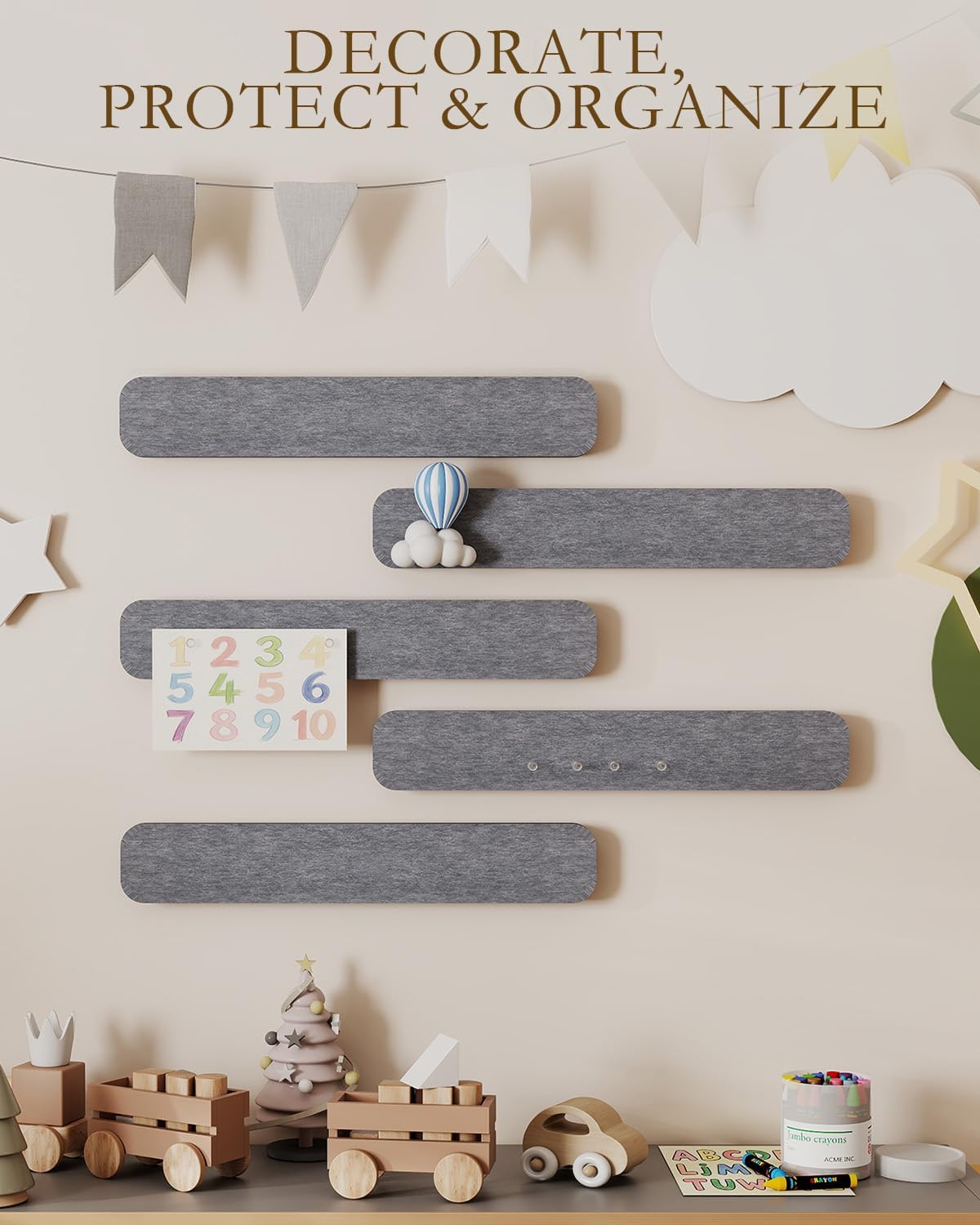 JBER Felt Strip Board 5 Pack 13"x2", Cork Board Alternative Pin Bulletin Board, Self-Adhesive Vision Board with 25 Push Pins for Walls, Office & Home Decor(Light Camel)