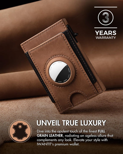 iwantit Slim Airtag Wallet for Men: Compatible with Apple Air tag (1st & 2nd Generation), Front Pocket Smart Pop Up Credit Card Holder with AirTag Holder ID Window, RFID Blocking(Brown)