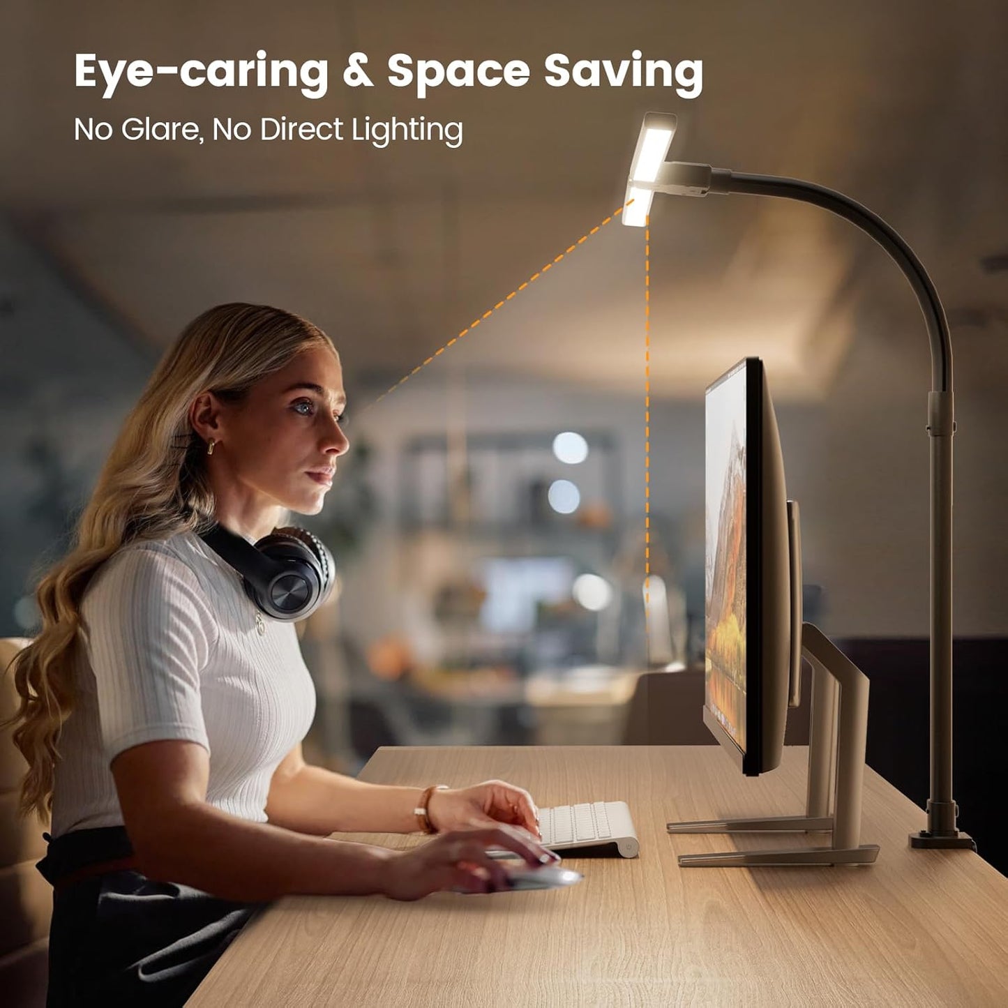 LED Desk Lamp with Base - Bright Dimmable Computer Lamp with Phone Holder, 24W Bendable Desk Light for Monitor Screen, Eye-Caring Tall Desktop Light for Task Home Office Work, Black, Dual Head