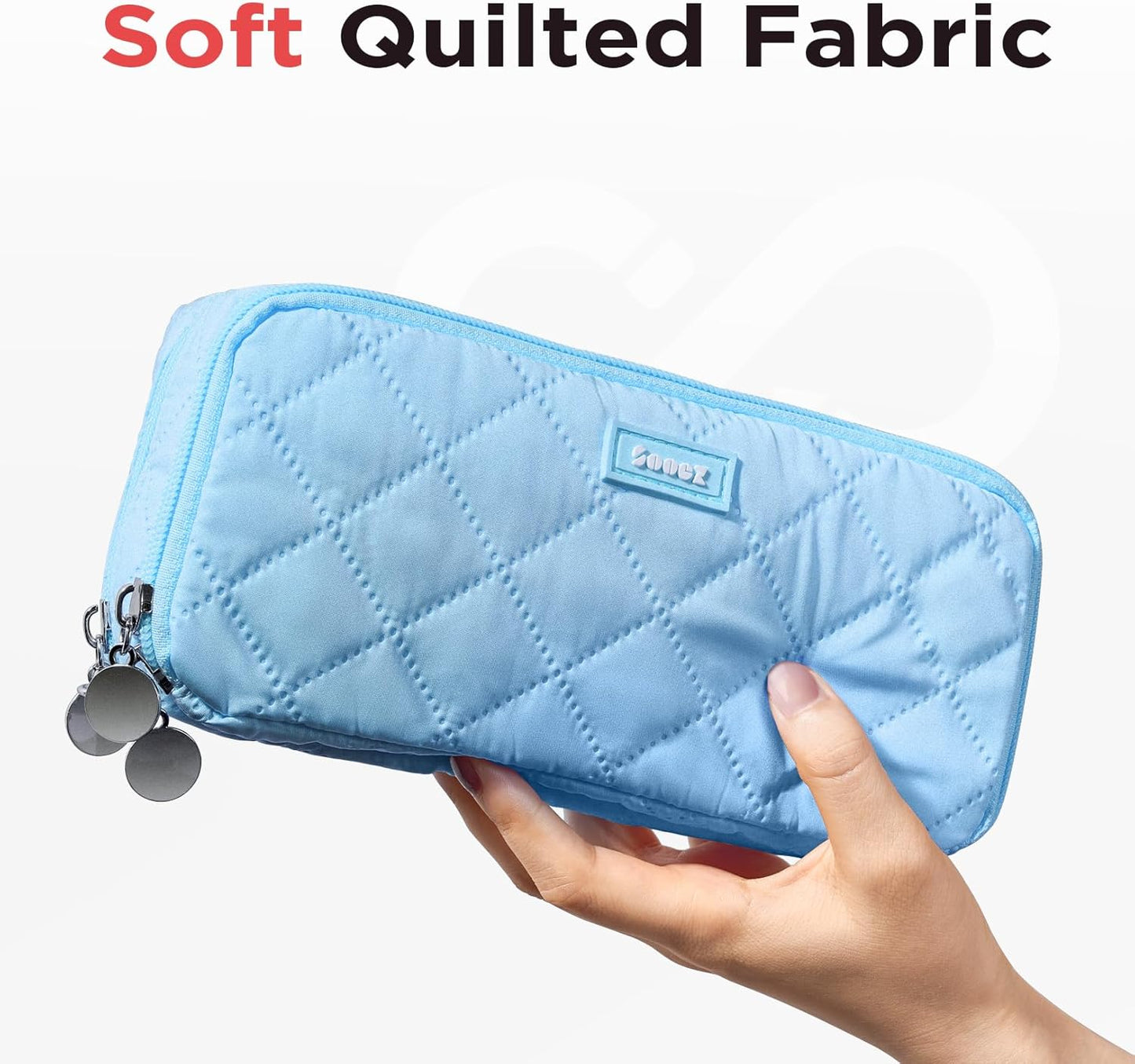 Sooez Large Pencil Case Pouch, Extra Big Pencil Bag with 8 Compartments, Pen Bag Wide Opening, Soft Quilted Pencil Pouch Organizer with Zipper, Portable Pencil Case for Teen Girls, Pink