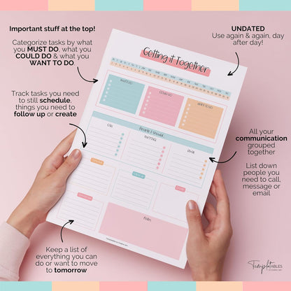 Templatables Brain Dump Notepad, To Do List Desk Pad, Productivity Planner, ADHD Daily Planner | 50 Undated Tear Away Sheets A4 (Colorful)