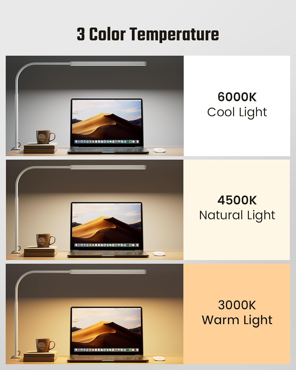 SUPERDANNY Eye-Caring LED Desk Lamp 360° Flexible Gooseneck Work Lamp with Desk Side Clamp Touch Control 3 Light Colors Smooth Dimming Task Lighting Reading Light for Home Office College Dorm, Black